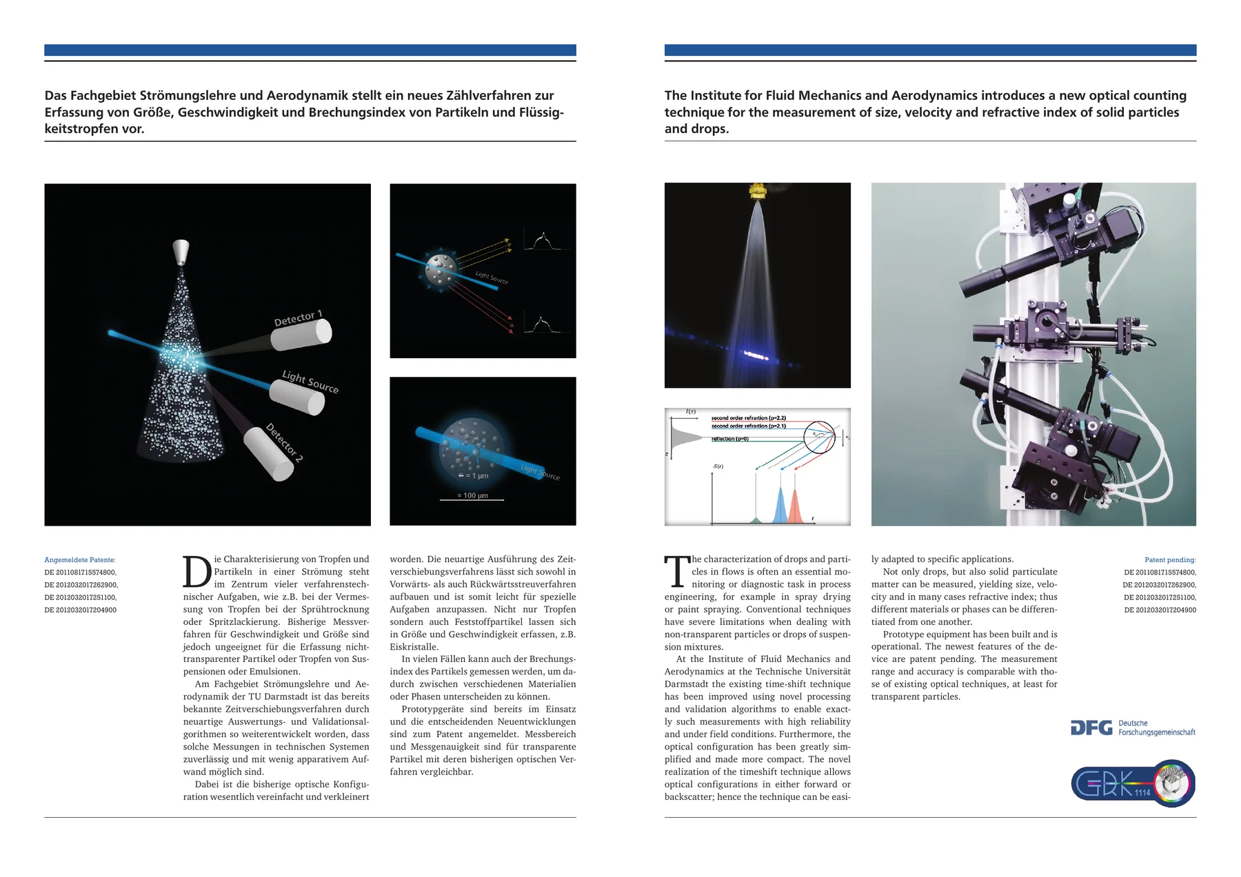 Inside pages of the TU Darmstadt brochure with measurement principle and optical setup