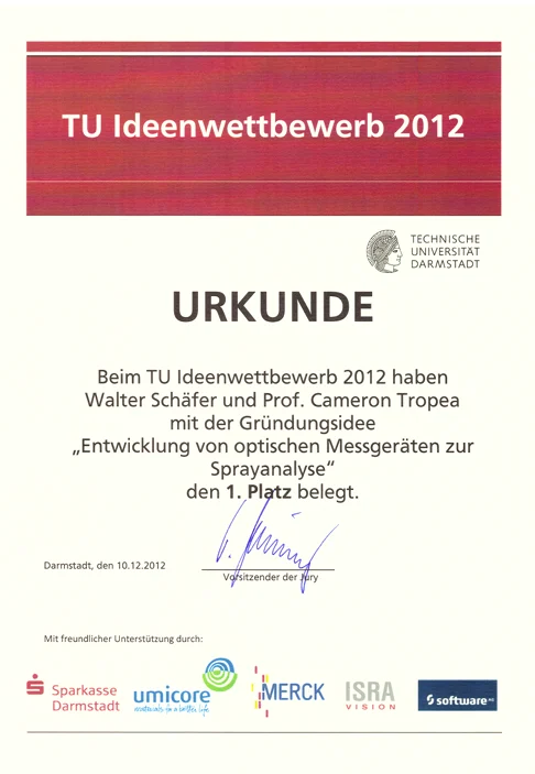 Certificate of the TU Darmstadt Ideas Competition 2012: first place for Walter Schäfer and Prof. Cameron Tropea