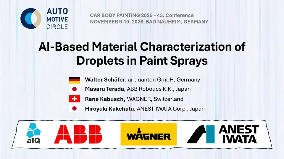 Title slide of the talk “AI-Based Material Characterization of Droplets in Paint Sprays” at Car Body Painting 2026